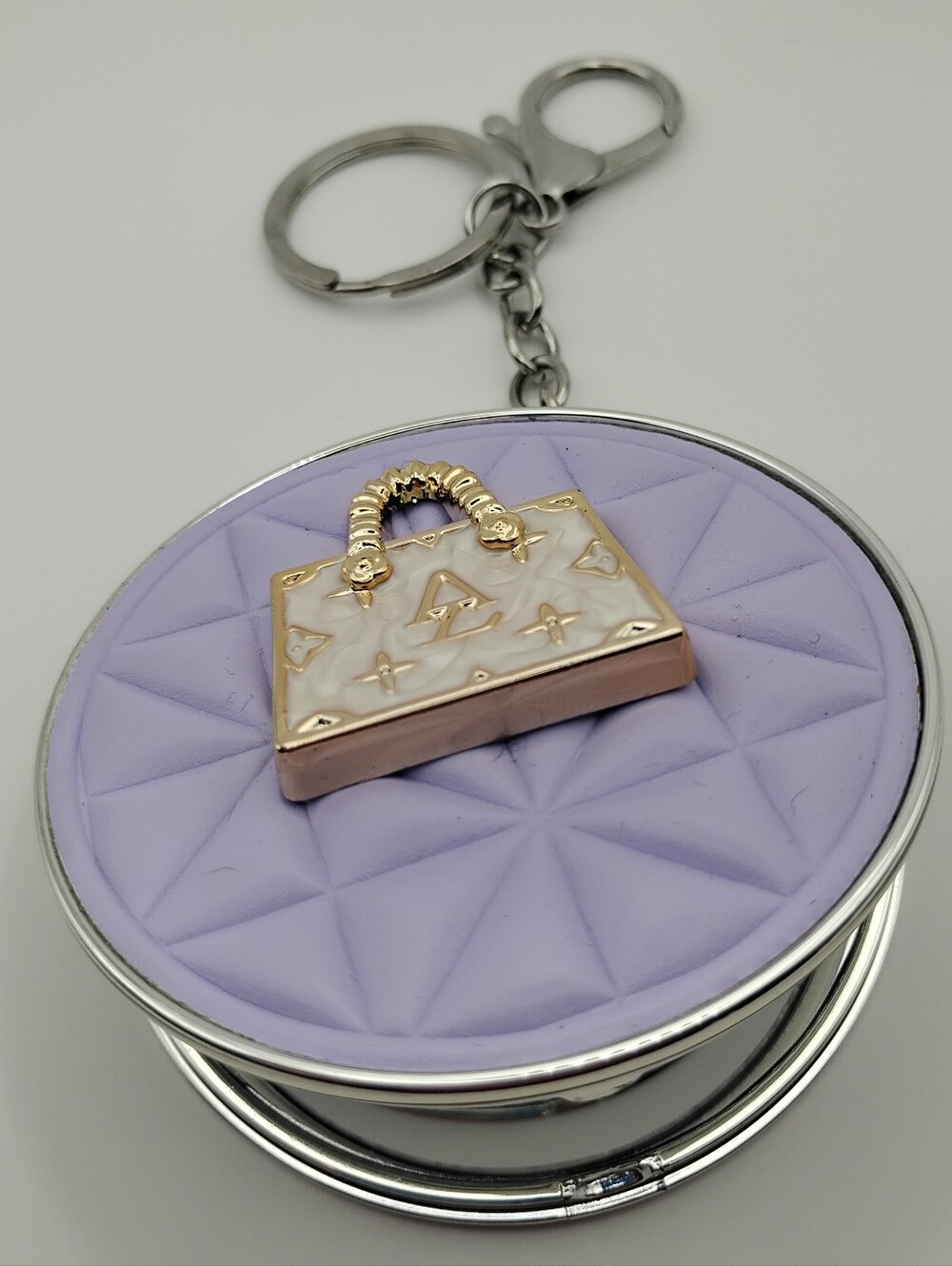 Lilac Compact Mirror Keychain with Gold Bag Charm